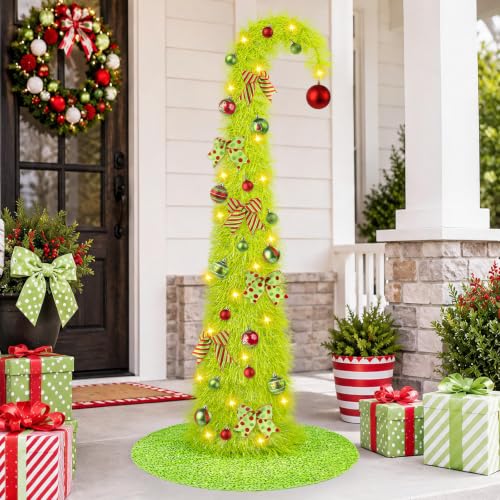 6FT Whimsical Pop up Christmas Tree with Lights 30 Tree Skirt Bendable Collapsible Artificial Shaggy Tinsel Pencil Tree 29 Christmas Balls 8 Bows for Home Apartment Office Holiday Decors(Green)