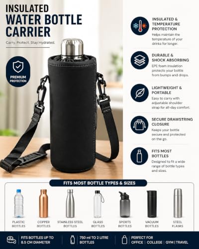 Image of 1 Litre Insulated Water Bottle Carrier Bag with Adjustable Shoulder Strap | Neoprene Bottle Cover for Stainless Steel, Glass & Plastic Bottles | Bottle Sleeve for Office, College, Gym| Black