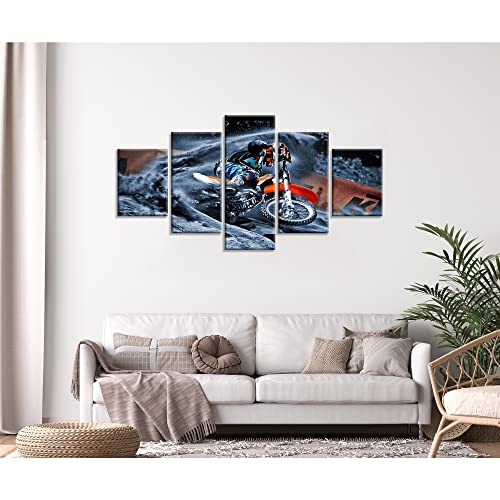 Motorcycle Wall Art Dirt Bike Wall Decor Motorcycle Racing Picture Framed Canvas Print Moto Painting Extreme Sport Poster Home Living Room Bedroom Decoration 5 Piece Ready To Hang(60''Wx32''H) #TOP1