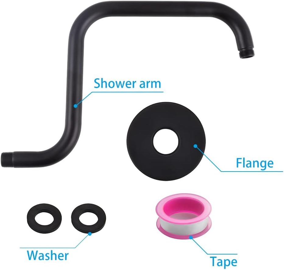 13 Inch High Rise Shower Arm Extension, Fixed Shower Head Extension Arm for Rain Shower Head, S Shaped Shower Head Extension with Flange,Standard 1/2"G Connection Matte Black