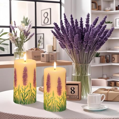 Image of Eldnacele Lavender Flameless Candles with 6 Hour Timer, Battery Operated Hand Painted 3D Wick Flickering Real Wax LED Pillar Candles for Spring Dinner Christmas Holiday Decor((2Pcs, D3xH6.5)