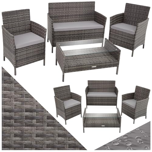 tectake® Set di Mobili da Giardino in Polyrattan, 1 Tavolino Salotto con Piano in Vetro, 1 Panca, Set Sedie con Cuscini, Rivestimenti Sfoderabili, Telaio in Acciaio - Grigio