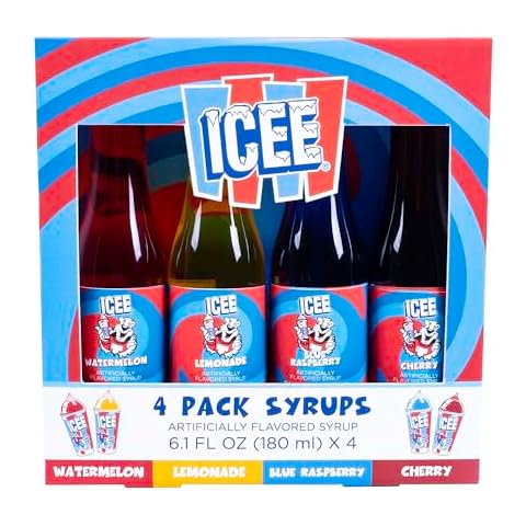 ICEE 4 Pack Slushie Syrups. Genuine ICEE Slushy syrups including Watermelon, Lemonade, Blue Raspberry & Cherry Flavors. 4 x 6.1floz. Officially Licensed ICEE Merchandise from Fizz Creations. Cover