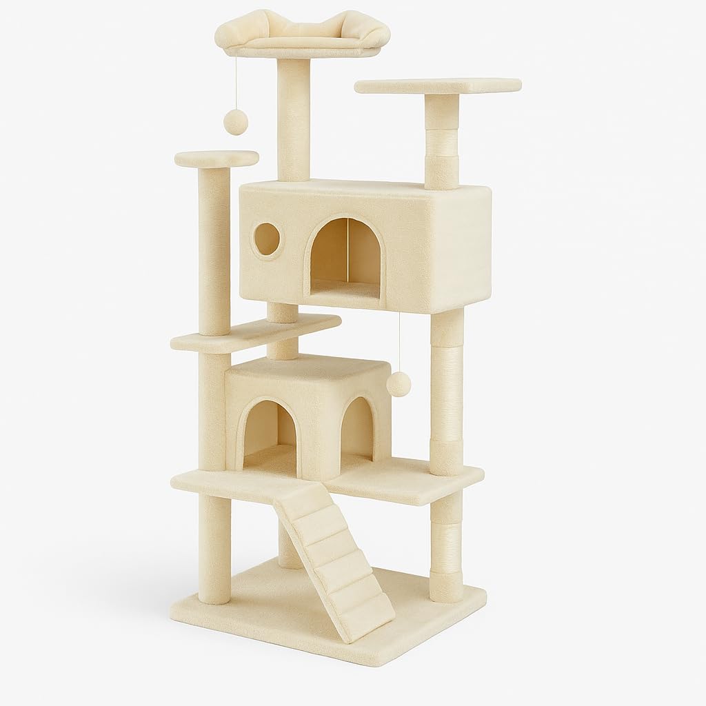 Arbre à chat beige 135cm : l'alternative anti-stress avec niche et sisal pour occuper votre chaton