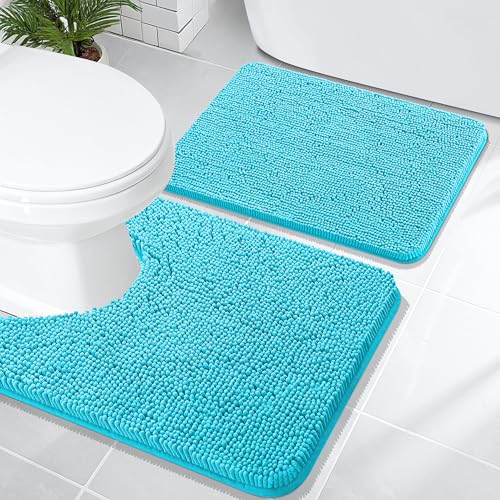 Image of OLANLY Bathroom Rugs Sets 2 Piece, Soft Absorbent Chenille Bath Mats and U-Shaped Contour Toilet Mat Area Rug Set, Machine Washable Bath Carpet, Home Decor Accessories(24 inchx16 inch+24 inchx20 inch, Aqua Sky)