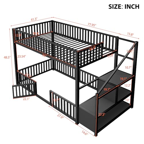 Image of Bellemave Metal Bunk beds Twin Over Twin with Guardrail and Storage Stairs, Floor bunk Bed with guardrail for Kids, Black