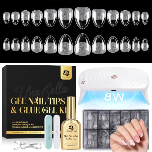 Image of UNA GELLA Extra Short Almond Nail Tips Kit, 120Pcs Nail Tips With Gel Glue | Non-rechargeable Mini LED Nail Lamp for Nails Extension DIY Salon at Home 12 Sizes