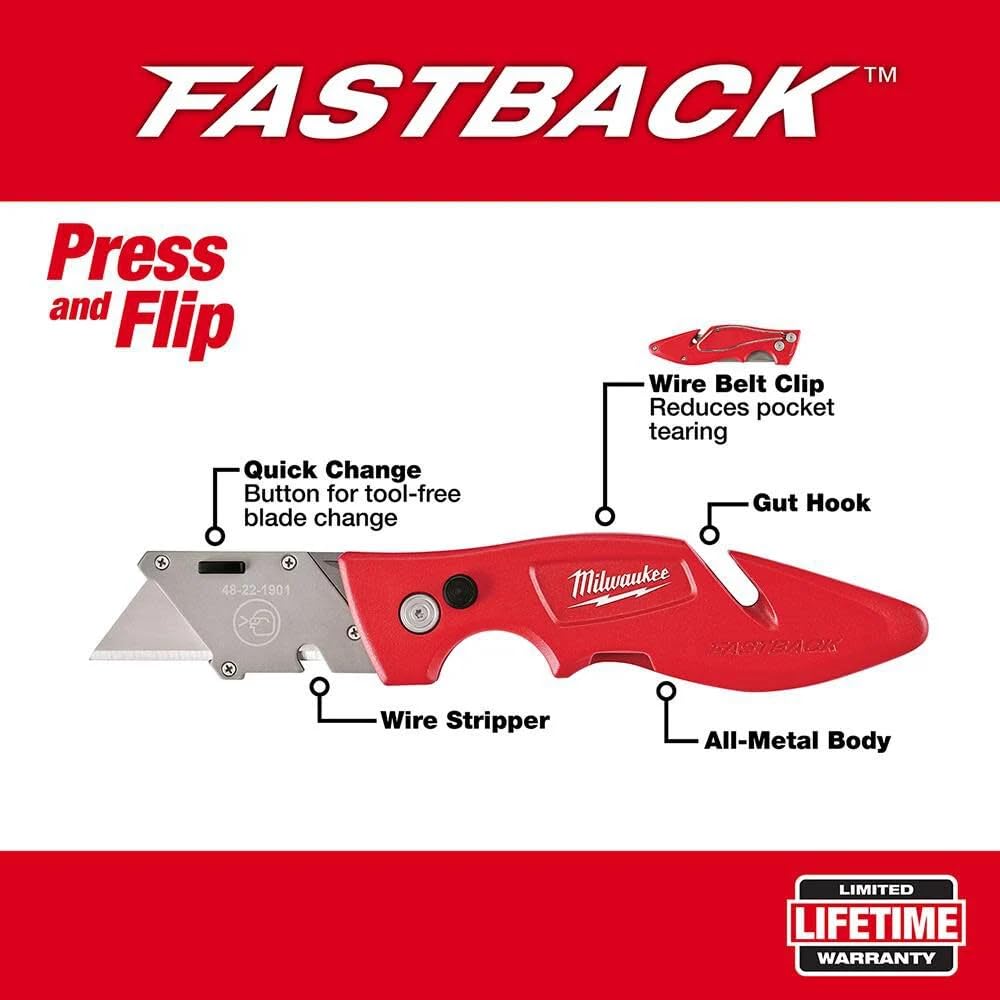 Milwaukee 48-22-1901 Fastback Press and Flip cuchillo multiusos con clip para cinturón y pelacables a bordo (juego de 4)