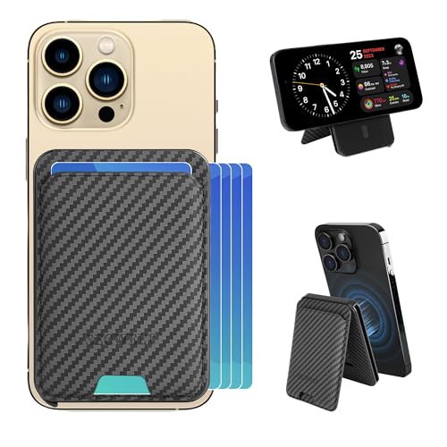 Magnetic Phone Card Holder,Pop Up Wallet with Adjustable Stand Compatible with Magsafe for iPhone 12-16 series. 8 Cards Hold RFID Blocking Metal&Leather Wallet for Magsafe Wallet (Carbon fiber color) by SECWELT - Used condition - US$12.11