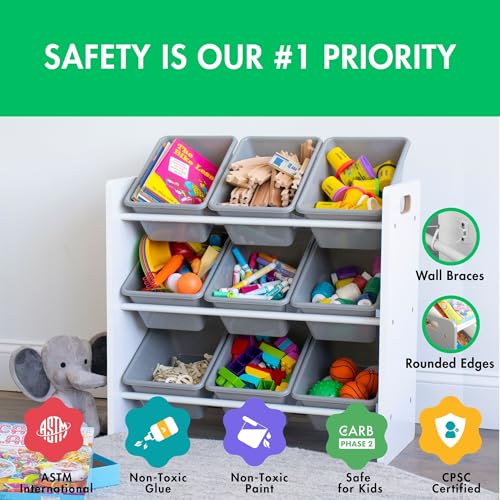 Image of Humble Crew 9-Bin Toy Organizer - Explorer Natural White /Grey Plastic Bins, 3-Tier Storage Solution for Kids' Playrooms and Nurseries
