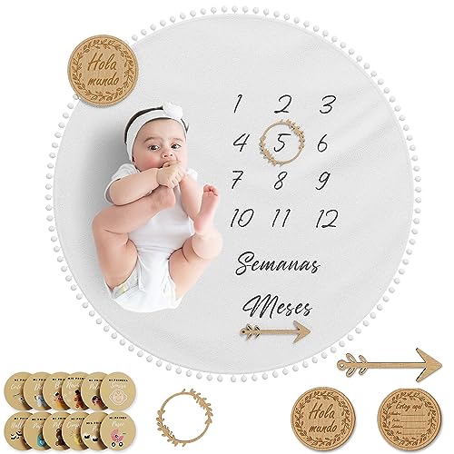 Mfuko - Manta Meses Bebé En Español - Alfombra De Fotos Mensuales Redonda, Unisex - Pack de 12...