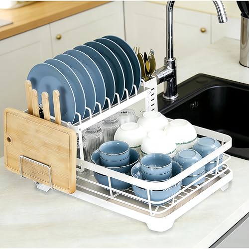 Uwenkjie dish drainer rack，2 tier dish drainer rack，dish racks with drain board，Kitchen Dish Drain Stand, Stainless Steel Sink Dish Stand with Utensils and Cutting Board Rack,white