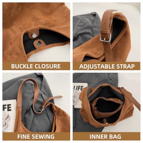 Suede Tote Bag for Women Slouchy Suede Purse Retro Adjustable Handbags Trendy Office Bag3