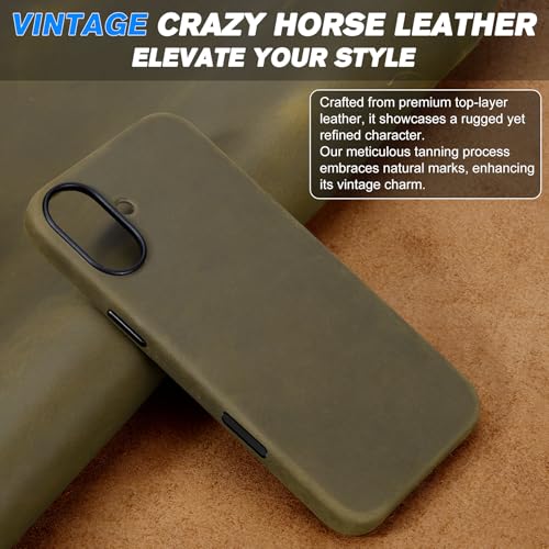 Image of SHIELDON Genuine Leather Case for iPhone 17 6.3 inch 2025, Crazy Horse Khaki | Crazy Horse Leather, for MagSafe, Magnetic Wireless Charging, Metal Buttons, Camera Button, Camera Bezel, Shockproof, Slim