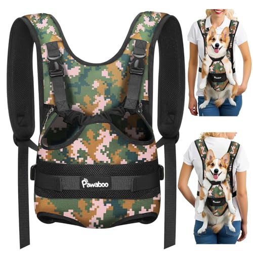 Pawaboo Zaino Frontale per Cani, Trasportino per Cani con Zampe Fuori, Pettorina Regolabile Facile da Indossare per Canis di Taglia Piccola e Media, Mani Libere per Viaggi, Escursioni, XL, Camo