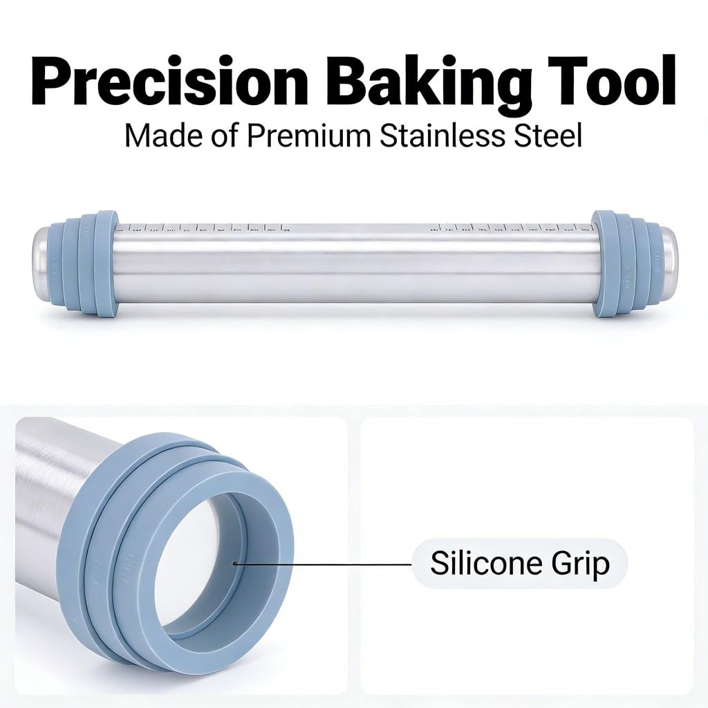 Rodillo de acero inoxidable con 4 anillos guía de silicona, rodillo de masa antiadherente de 16.5 pulgadas para un grosor uniforme, herramienta antideslizante para hornear pasteles y galletas