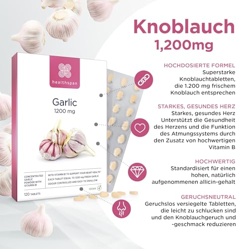 Healthspan Knoblauch | 1.200 mg | Unterstützt Herzgesundheit, Atmungssystem & Cholesterinspiegel | Zusätzlich Vitamin B1 | Geruchskontrolliert & Leicht zu Schlucken | Vegan | 120 Tabletten