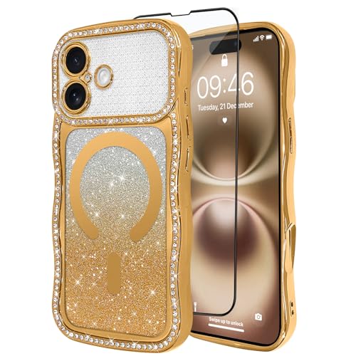 tharlet Magnetic for iPhone 16 Case Gold Curly Wave Edge Diamond