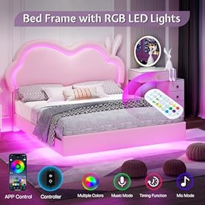 Jocisland LED Full Bed Frame for Girls Upholstered Floating Bed with Cute Cloud Headboard No Box Spring Needed Leather Pink