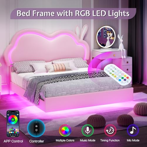 Jocisland-LED-Full-Bed-Frame-for-Girls-Upholstered-Floating-Bed-with-Cute-Cloud-Headboard-No-Box-Spring-Needed-Leather-Pink Jocisland LED Full Bed Frame for Girls Upholstered Floating Bed with Cute Cloud Headboard No Box Spring Needed Leather Pink