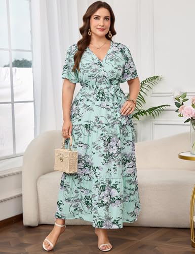 Image of ShopWonder Womens Plus Size V Neck Wrap Maxi Dress High Waist Ruffle Summer Casual Dress with Belt