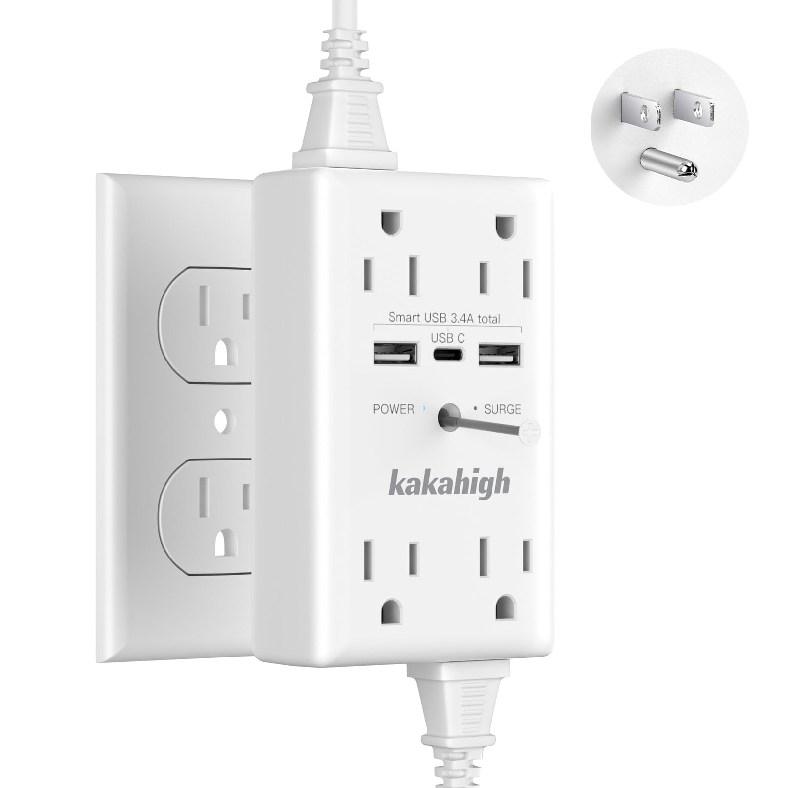 Wall Outlet Extender with USB Ports, 1680J Surge Protector Outlet, Multiple Plugs in one Outlet with Screw, LED Indicator, 1875W Electric Outlets Splitter for Dorm Room Office Kitchen, ETL Listed
