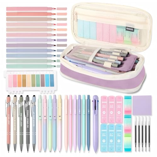Fournitures scolaires esthétiques : lot de 56 pièces avec grande trousse et stylos