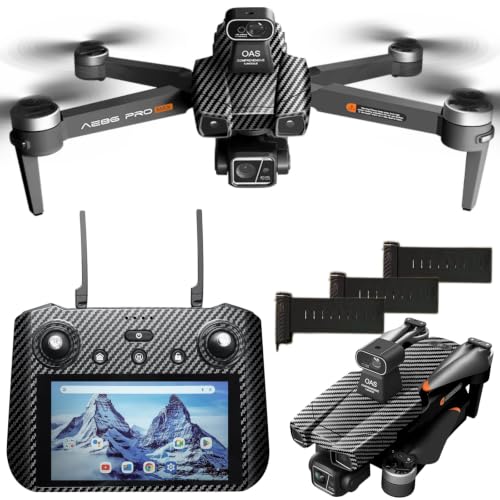 Image of AE86ProMax+Drones with Camera for Adults 4K Video,Touch Screen Tablet Remote and 3-Axis Mechanical Gimbal, 5G Digital Transmission, 360 Laser Obstacle Avoidance, GPS Auto Return,Three 8000mAh 45 Mins Long Endurance, 500g Payload, Smart Follow Waypoint Flight Foldable Quadcopter, Up to 5 Miles Range (Carbon Fiber, 3 Batteries)