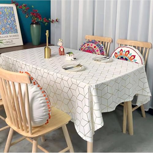 Nappe en polyester aspect velours blanc avec lignes dorées géométriques - 5