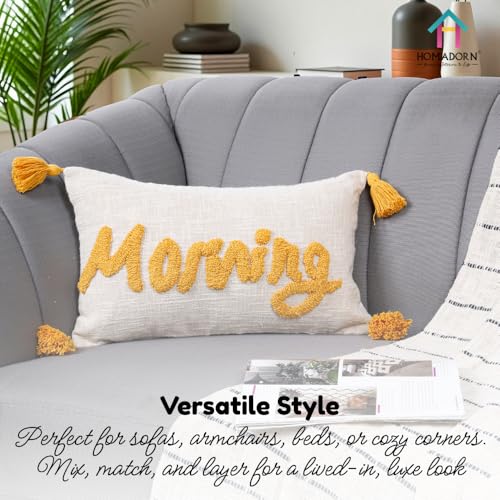 Image of HOMADORN 100% Cotton Text Pattern Handtufted /Embroided Decorative Cushion Cover (12X20 Inches) (1, Morning)