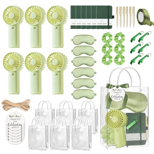 MEPIG 6 Set Summer Baby Shower Prizes for Guest Green Handheld Fan Party Favor Set Thank You Gift with Notebooks Ballpoint Pen Eye Mask for Baby Shower Bridal Shower Wedding Party Game Winners