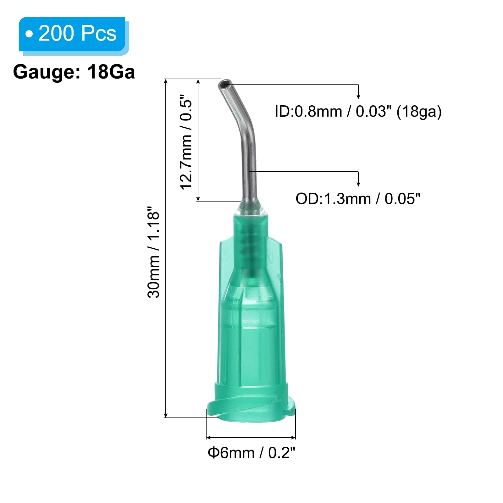 PATIKIL 18Ga x 0.5 Zoll Dispensiernadelspitzen 200 Stück Edelstahl 45 Grad Vorgebogene Klebenadelröhrchen Stumpfe Spitzen Mit Luer Lock Kleber Öl Applikator Hellgrün