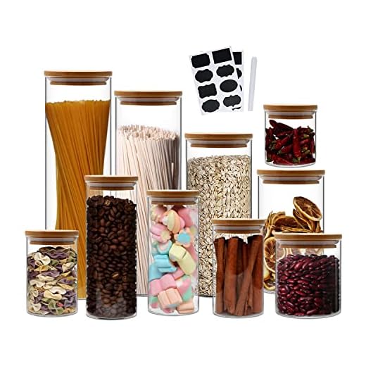 Cadamada Clear Glass Storage Jars with Lids,Airtight Food Storage Canisters with Bamboo Lids,Glass Pantry Storage Containers for Kitchen,Pantry,Flour,Coffee,Cereal,Spice,Beans,Pasta,Powder(10 pcs)