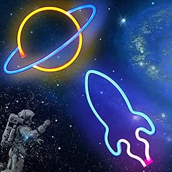 Lamparas Neon Amazon MULEVIP Pack de 2 Planeta, Cohete - Luces de Neón LED,Luces de Neón Señales para Pared,Decoración de Pared Funciona con Pilas o USB,para Dormitorio,Habitación de Niños,Bar,Fiesta,Navidad,Boda