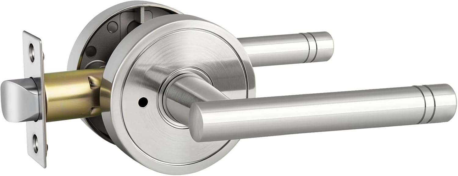 Goldenwarm Brushed Nickel Door Handles Interior, Zinc Alloy Satin Silver Privacy Interior Door Handle, Heavy Duty Satin Nickel Indoor Door Levers for Bedroom, Bathroom, (1 Pack)