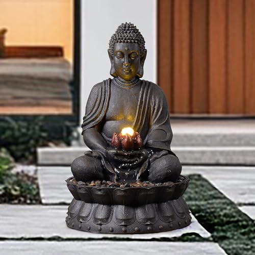 Rytmfluss 21.3 Inch Buddha Water Fountain with LED Lights, Indoor & Outdoor Decorative Waterfall Feature for Patio, Backyard, Porch & Home Decor, Dark Bronze by Rytmfluss - Used condition - Image 3