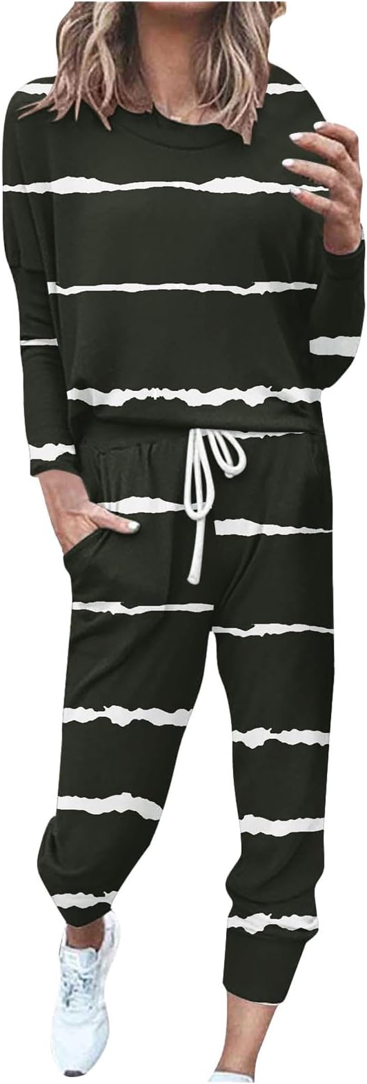 Lastesso Track Suits for Women Set Stylish Stripes Sweatsuit Sets 2 Piece Loose Crewneck Long Sleeve Tops with Baggy Pants