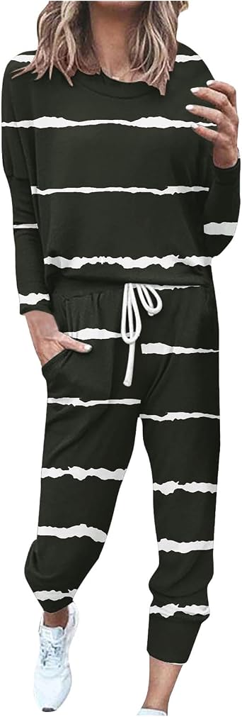 Lastesso Track Suits for Women Set Stylish Stripes Sweatsuit Sets 2 Piece Loose Crewneck Long Sleeve Tops with Baggy Pants