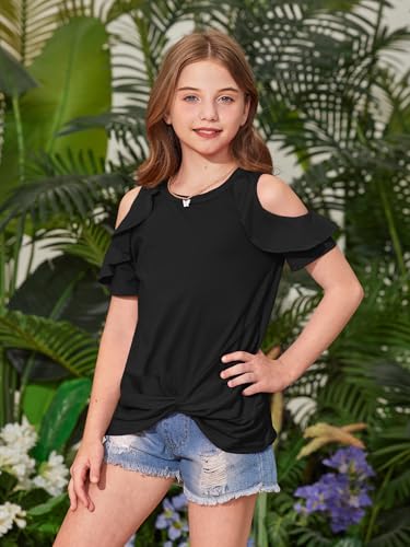 BesserBay Girl's Cold Shoulder Twist Knot Front Tunic Shirt Ruffle Trim Crew Neck Short Sleeve Tee 6-14 Years3