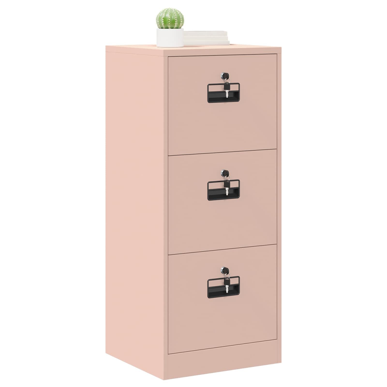 Armoire de Rangement Rose avec 3 Tiroirs en Acier Laminé à Froid Dimensions 45,5 x 42 x 106,5 cm pour Bureau Chambre Studio avec Serrures Sécurisées et Étagères Coulissantes