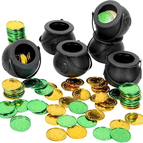 20 Pcs Mini Black Cauldron Candy Kettles Plastic St Patricks Day Pot of Gold with 200 Shamrock Coins Gold Green Lucky Saint Patricks Day Coins for Leprechaun Halloween Candy Party Supplies Decor