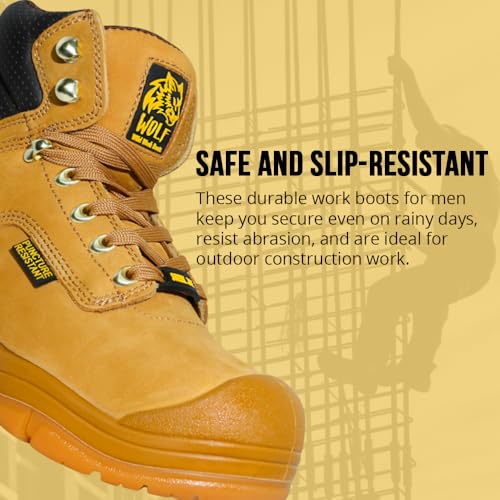 Wolf Work Boot | 100% Genuine Upper Leather | Oil, Heat, Chemical, Impact | Electrical Hazards | Non-Slip Rubber Sole | Tan Nubuck Plain Toe | Padded Collar | Construction | Industrial PPE4