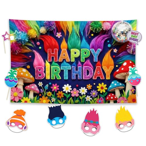 Allenjoy Joyful Musical Cartoon Party Decorations Set - 9 Piece Kit with 59x35 Backdrop 4 Headbands 4 Photo Booth Props Decor Supplies Favors for Boys Girls Men Women