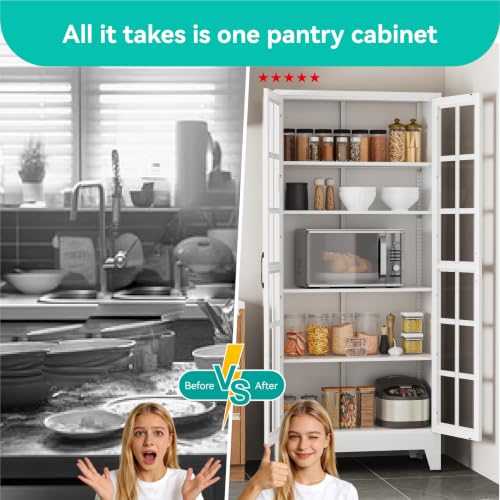 Image of Metal Storage Cabinet with Glass Doors and Adjustable Shelves | 71 inch Tall Pantry Cabinet for Kitchen Dining Room Bathroom Garage,White,1 Pce