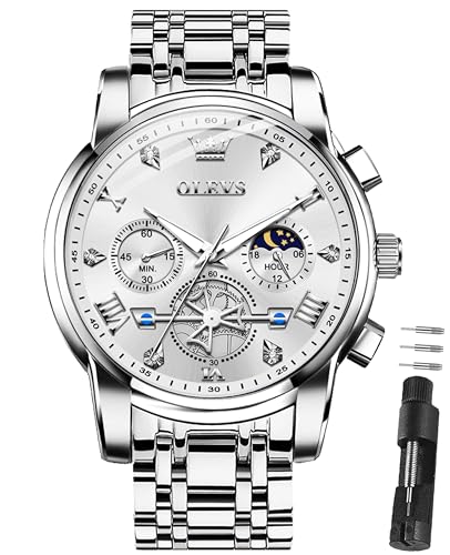 OLEVS �����Y�r���v �h���X�E�H�b�` �N���m�O���t ���O�W���A���[ �X�e�����X�X�`�[�� �r�b�O�t�F�C�X �����Y �r���v ���@�\ �ǂ݂₷�� �_�C�������h ���[�}���� �r�W�l�X �r���v Reloj para Hombre, �V���o�[�o���h �V���o�[�t�F�C