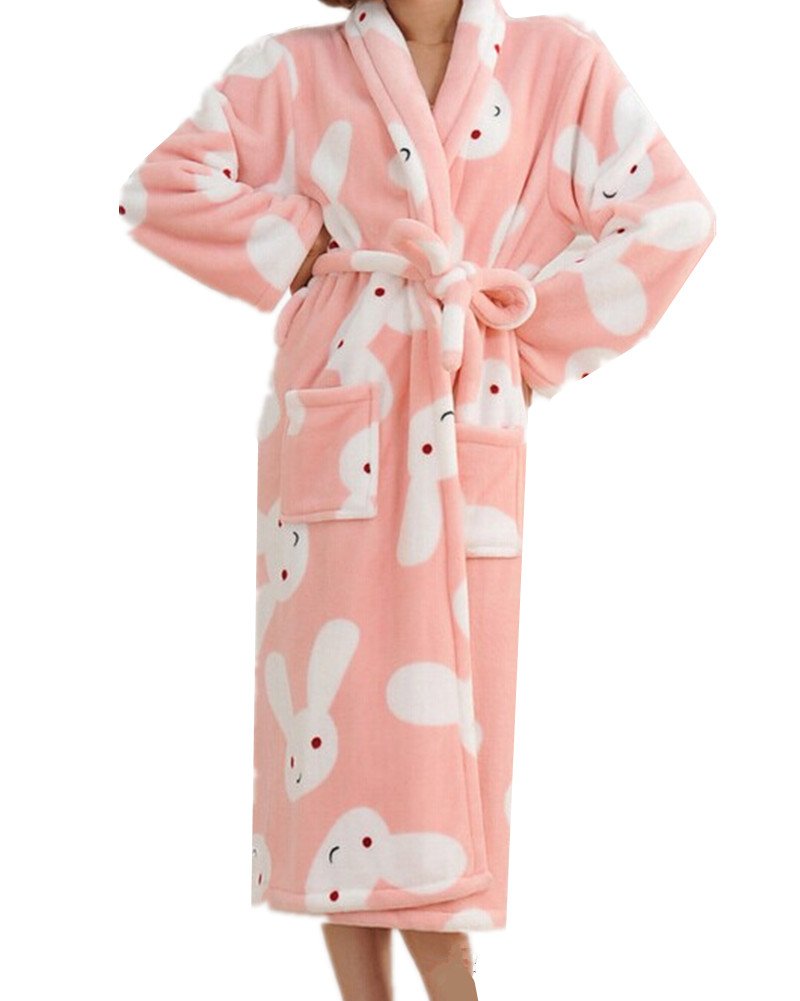 Chancen Women's Rabbit Patterned Fleece Bathrobe Sleep Robe Plush Spa Robe Pink