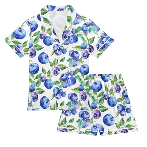 Blueberry Pattern Summer Satin Pajama Set, Cute Button-Down Sleepwear Pj Set for Sleep Wears