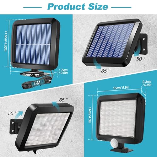 Image of Solar Motion Sensor Wall Light with Remote Control, COB LED Outdoor Security Light with Separate Solar Panel, 5 m Cable, 3 Lighting Modes, IP65 Waterproof Garden Garage (Solar Lights - 02)