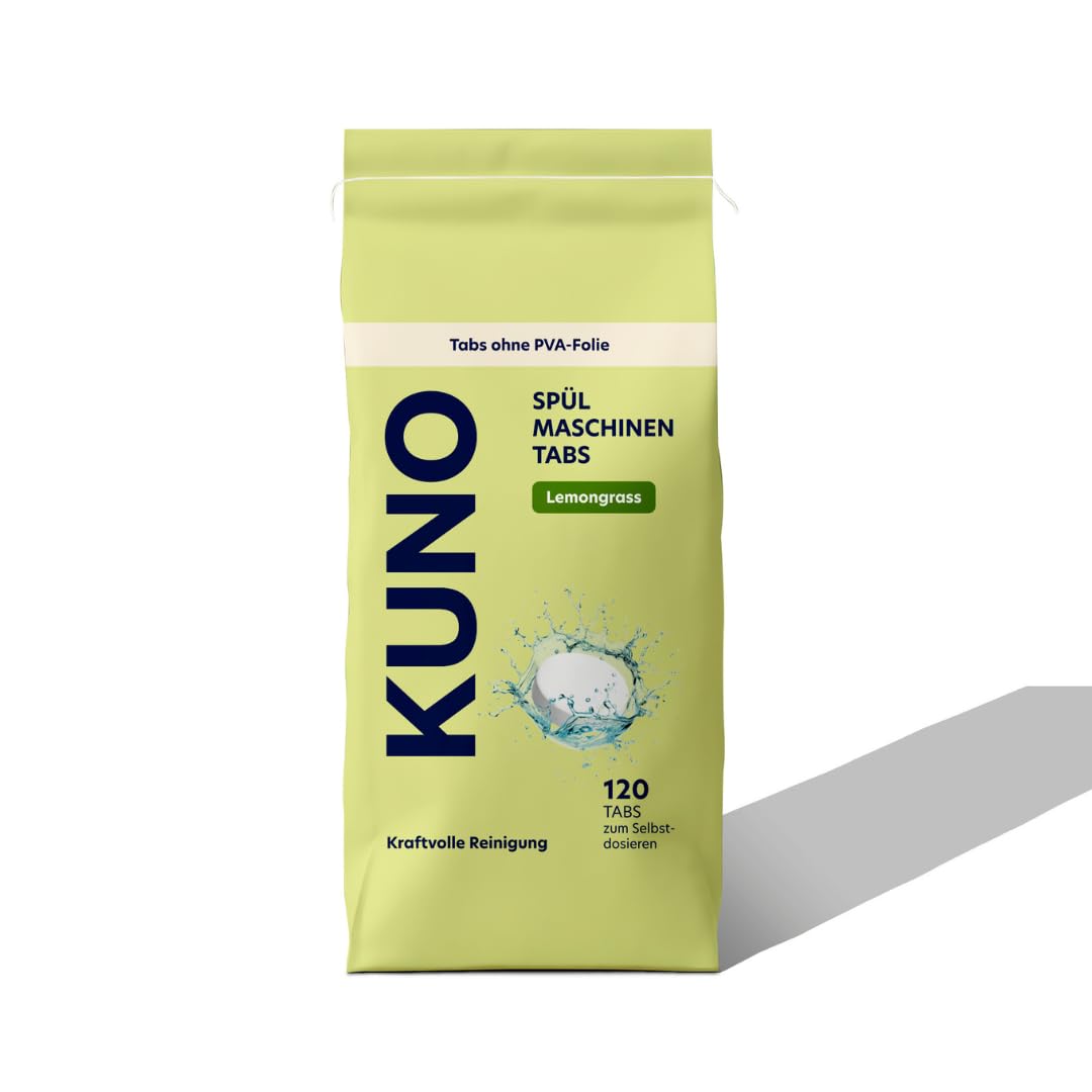 Kuno Spülmaschinentabs Lemongrass 120 Stück – ohne PVA-Folie | Ab 40 °C wirksam, keine PVA-Folie, Papierverpackung ohne Plastik, phosphatfrei, Inhaltsstoffe über 90% biologisch abbaubar