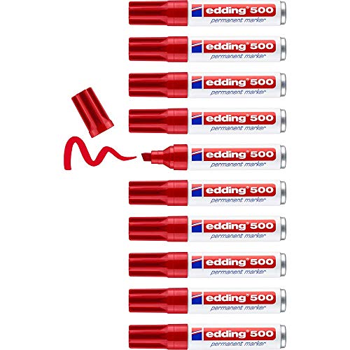 edding 500 Marqueur permanent - rouge - 10 stylos - pointe biseautée 2-7 mm - sèche vite, résiste à l'eau et aux frottements - pour carton, plastique,...